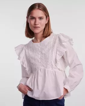 Женская блузка с длинными рукавами и рюшами Pieces, белый