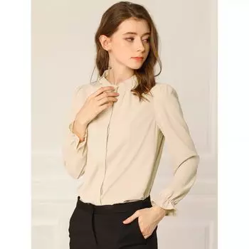 Женская блузка с длинными рукавами и воротником-стойкой с рюшами и пуговицами, топ ALLEGRA K, черный