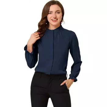 Женская блузка с длинными рукавами и воротником-стойкой с рюшами и пуговицами, топ ALLEGRA K, цвет Navy Blue