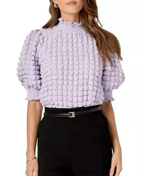 Женская блузка с фактурной отделкой и воротником-стойкой, короткий рукав English Factory, фиолетовый