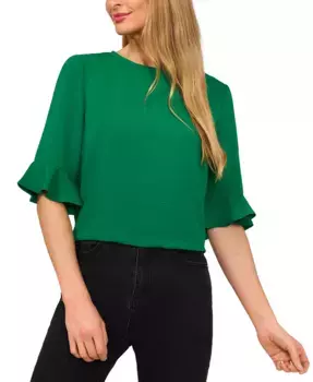 Женская блузка с фактурной отделкой, оборками на манжетах, рукавом 3/4 и круглым вырезом CeCe, зеленый
