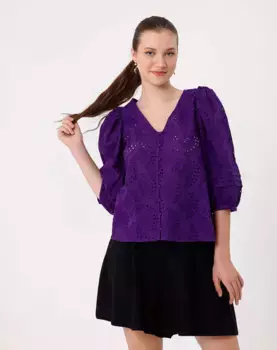 Женская блузка с французским рукавом и английской вышивкой Naf Naf, фиолетовый