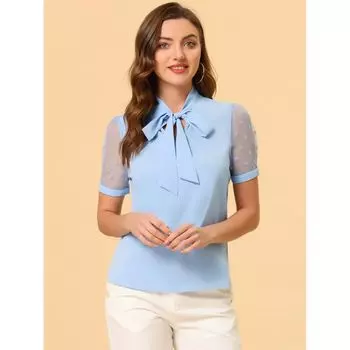 Женская блузка с галстуком-бабочкой, V-образным вырезом и воротником-стойкой, с короткими сетчатыми рукавами ALLEGRA K, темно-синий