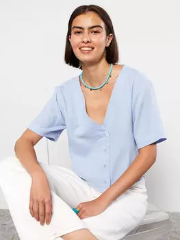 Женская блузка с коротким рукавом и V-образным вырезом LCW Casual