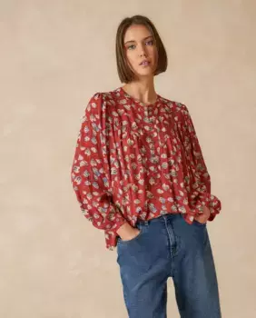 Женская блузка с круглым вырезом и длинными рукавами-фонариками Indi & Cold, красный