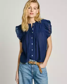 Женская блузка с круглым вырезом и оборками на рукавах Pepe Jeans, тёмно-синий