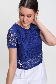 Женская блузка с круглым вырезом на гипюровой подкладке Saks Trend Alaat Stili, темно-синий