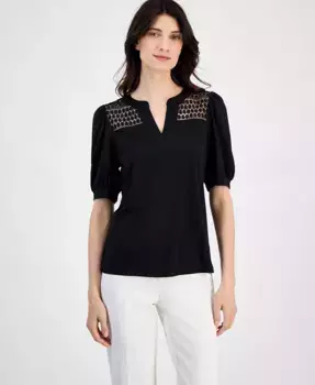 Женская блузка с кружевными вставками и рукавами-фонариками Anne Klein, черный