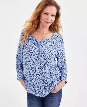 Женская блузка с металлизированным леопардовым принтом и разрезом на шее Style & Co, синий