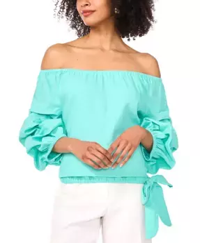 Женская блузка с открытыми плечами, пузырчатыми рукавами и завязкой спереди из смесового льна Vince Camuto, зеленый