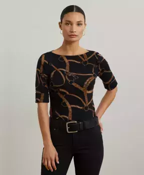 Женская блузка с поясом и принтом из хлопкового микса с лодочкой Lauren Ralph Lauren, мультиколор