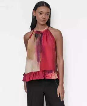 Женская блузка с принтом, без рукавов, с высоким воротником и баской DKNY, красный