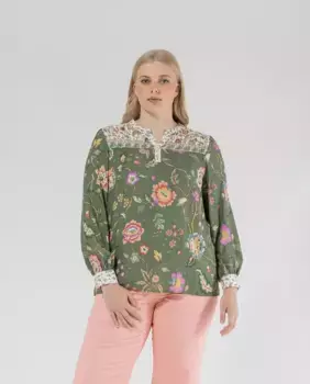 Женская блузка с принтом и рукавами-фонариками October, хаки