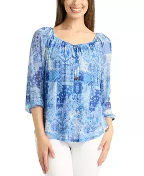 Женская блузка с принтом и сетчатыми вставками, 3/4 рукава, в стиле peasant BCX, мультиколор