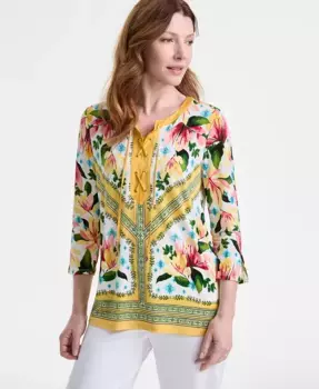 Женская блузка с принтом и шнуровкой, с рукавом 3/4 JM Collection, оранжевый