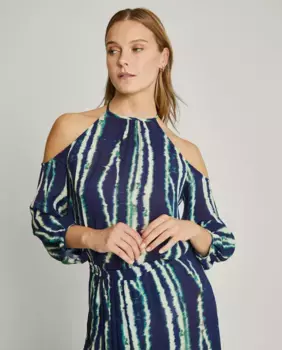 Женская блузка с принтом и вырезом на плечах Trucco, темно-синий