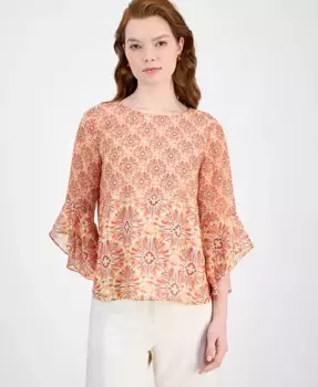 Женская блузка с принтом, лодочкой и рукавами-рюшами, размеры Regular и Petite Kasper, белый