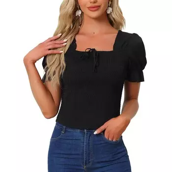 Женская блузка с присборенным воротником, повседневные летние топы с квадратным вырезом и короткими рукавами, с рюшами и сборкой ALLEGRA K, черный