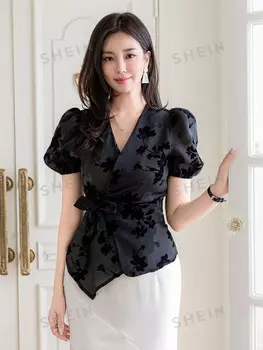 Женская блузка с пышными рукавами, V-образным вырезом, завязкой спереди, однотонная Dazy, черный