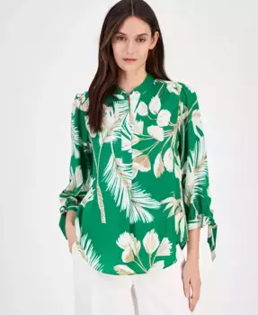 Женская блузка с разрезом на горловине и манжетами-галстуком Anne Klein, зеленый