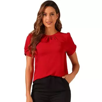 Женская блузка с рюшами и рукавами, плиссированный топ с круглым вырезом спереди ALLEGRA K, красный
