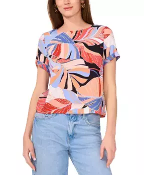 Женская блузка с тропическим принтом, круглым вырезом и разрезом на спине, с манжетами на рукавах, размеры XS-3X Vince Camuto, красный