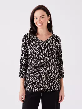 Женская блузка с V-образным вырезом и узором LCW Grace, черный с принтом 1