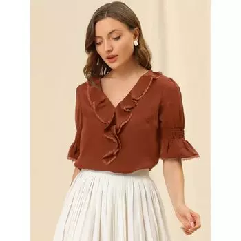 Женская блузка с V-образным вырезом и рюшами, повседневный шифоновый топ с рукавами-колокольчиками ALLEGRA K, белый