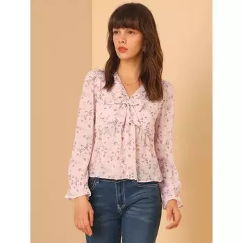 Женская блузка с V-образным вырезом и рюшами, шифоновый топ с баской и длинным рукавом с цветочным принтом и завязкой спереди ALLEGRA K