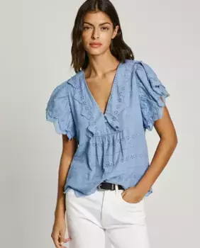 Женская блузка с V-образным вырезом и оборками на рукавах Pepe Jeans, синий