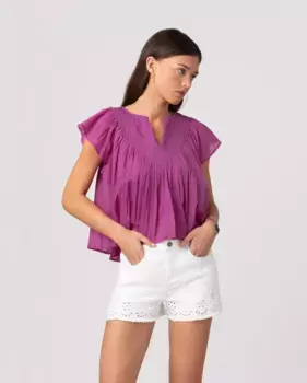 Женская блузка с V-образным вырезом и короткими рукавами-фонариками Noon, фуксия