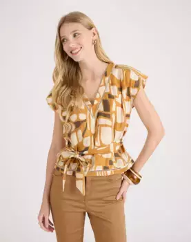 Женская блузка с V-образным вырезом и поясом-бантом из той же ткани Naf Naf, горчичный