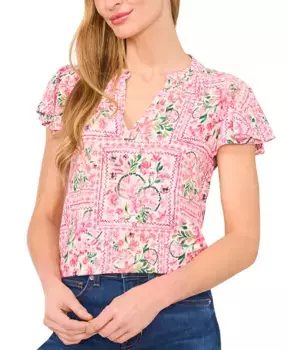 Женская блузка с V-образным вырезом, присборенной горловиной и рукавами-крылышками CeCe, розовый