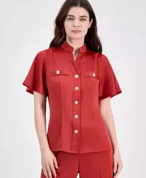 Женская блузка с воланами на рукавах и застежкой на пуговицы спереди Anne Klein, красный