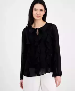 Женская блузка с воротником-галстуком, рюшами и рукавами буф Anne Klein, черный