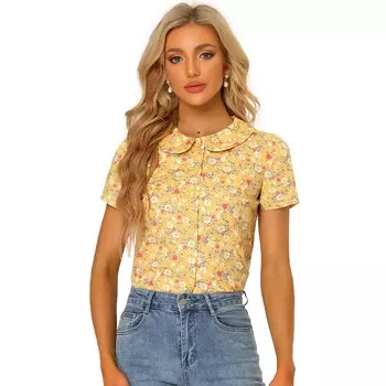 Женская блузка с воротником Питера Пэна и пуговицами спереди с цветочным принтом, топ ALLEGRA K, желтый