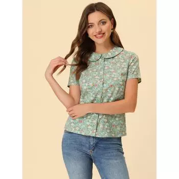 Женская блузка с воротником Питера Пэна и пуговицами спереди с цветочным принтом, топ ALLEGRA K, зеленый