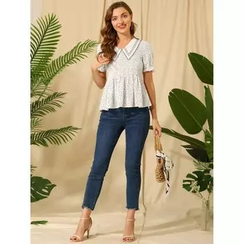 Женская блузка с воротником Питера Пэна, топы в горошек с присборенной баской ALLEGRA K, черный