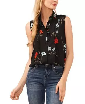 Женская блузка с воротником-стойкой и защипами без рукавов с рюшами CeCe, черный