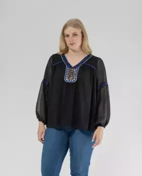 Женская блузка с вышитым нагрудником и бисером October, черный