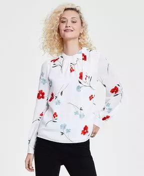 Женская блузка с завязками и пуговицами на плечах с цветочным принтом CeCe, белый