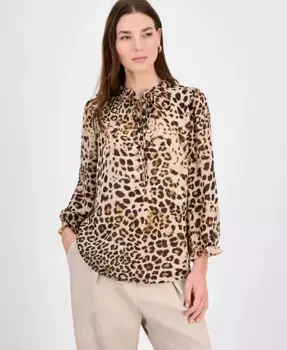 Женская блузка с животным принтом, рюшами и галстуком Bar III, коричневый/бежевый
