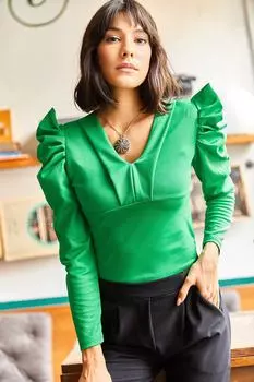 Женская блузка травяного цвета с воротником принцессы и полосой на рукавах Olalook, зеленый