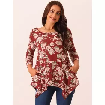 Женская блузка-туника с круглым вырезом, рукавами 3/4, асимметричным подолом и цветочным принтом, топы с карманами Seta T, цвет Wine Red