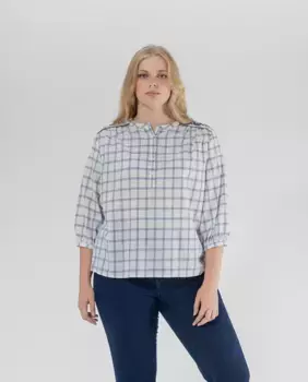 Женская блузка в клетку с вышивкой на плечах и кокетке сзади October, тёмно-синий