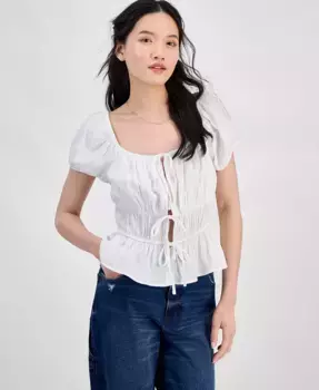 Женская блузка в крестьянском стиле с завязками и сборками Juniors' Shirred Tie-Front Peasant Top Hippie Rose, белый