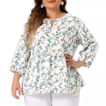 Женская блузка в стиле бебидолл с рюшами и рукавами 3/4 больших размеров с цветочным принтом больших размеров Agnes Orinda, белый