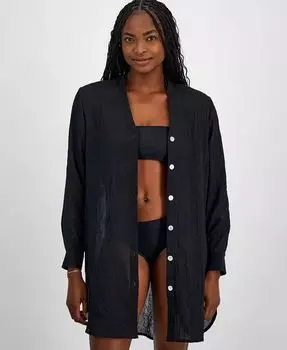 Женская большая рубашка-рубашка с пуговицами спереди и длинными рукавами для плавания J Valdi, черный