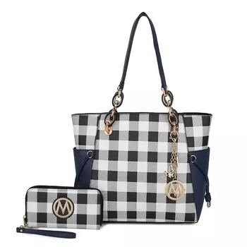 Женская большая сумка-тоут с бумажником в клетку MKF Collection Yale от Mia K — 2 предмета, темно-синий