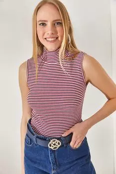 Женская бордовая блузка из лайкры в полоску с высоким воротником и без рукавов Olalook, бордовый